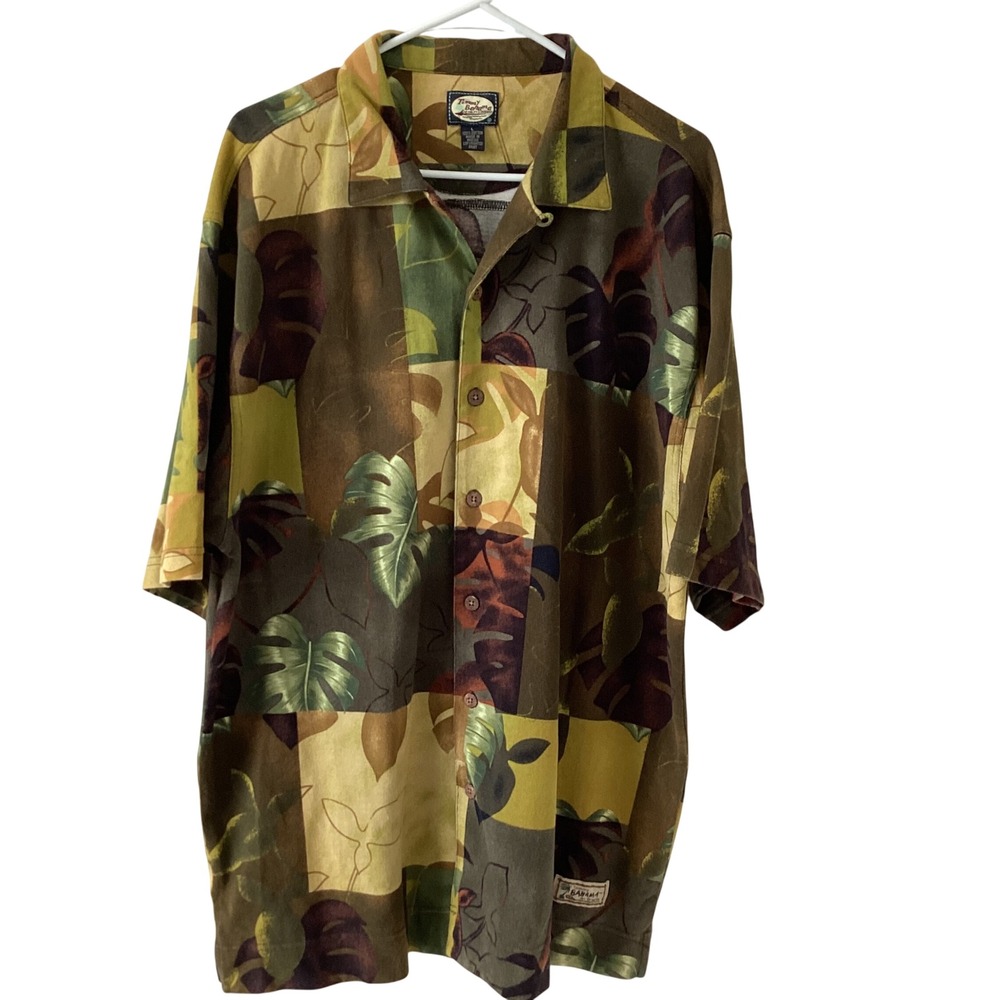 Tommy Bahama Mens Large Cotton Pique Tropical Patchwork Camp Shirt Olive Brown